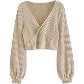 ZAFUL Women's Pullover Ribbed Cropped Knitwear Drawstring Ruched Knitted Crop Top Solid V-Neck Long Sleeve T-Shirt
