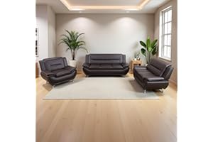 Anthato Leather Sectional Sofa Couches, Living Room Furniture Sets, 3 Pieces Modern Couch Set, Faux Leather Sofa Loveseat Chair Set with Sturdy Legs for Living Room/Bedroom/Office, Dark Brown