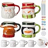 LOYIM Set of 4 Christmas Ceramic to Paint Color Your Own Mugs Christmas Craft for Adult Santa Snowman Elk Penguin DIY Mug Painting Kit with Paints, Brushes, Palette for Xmas Activity Art Decoration