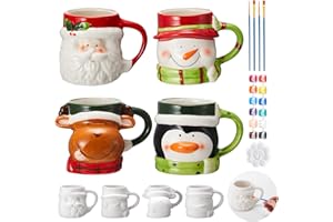 LOYIM Set of 4 Christmas Ceramic to Paint Color Your Own Mugs Christmas Craft for Adult Santa Snowman Elk Penguin DIY Mug Painting Kit with Paints, Brushes, Palette for Xmas Activity Art Decoration