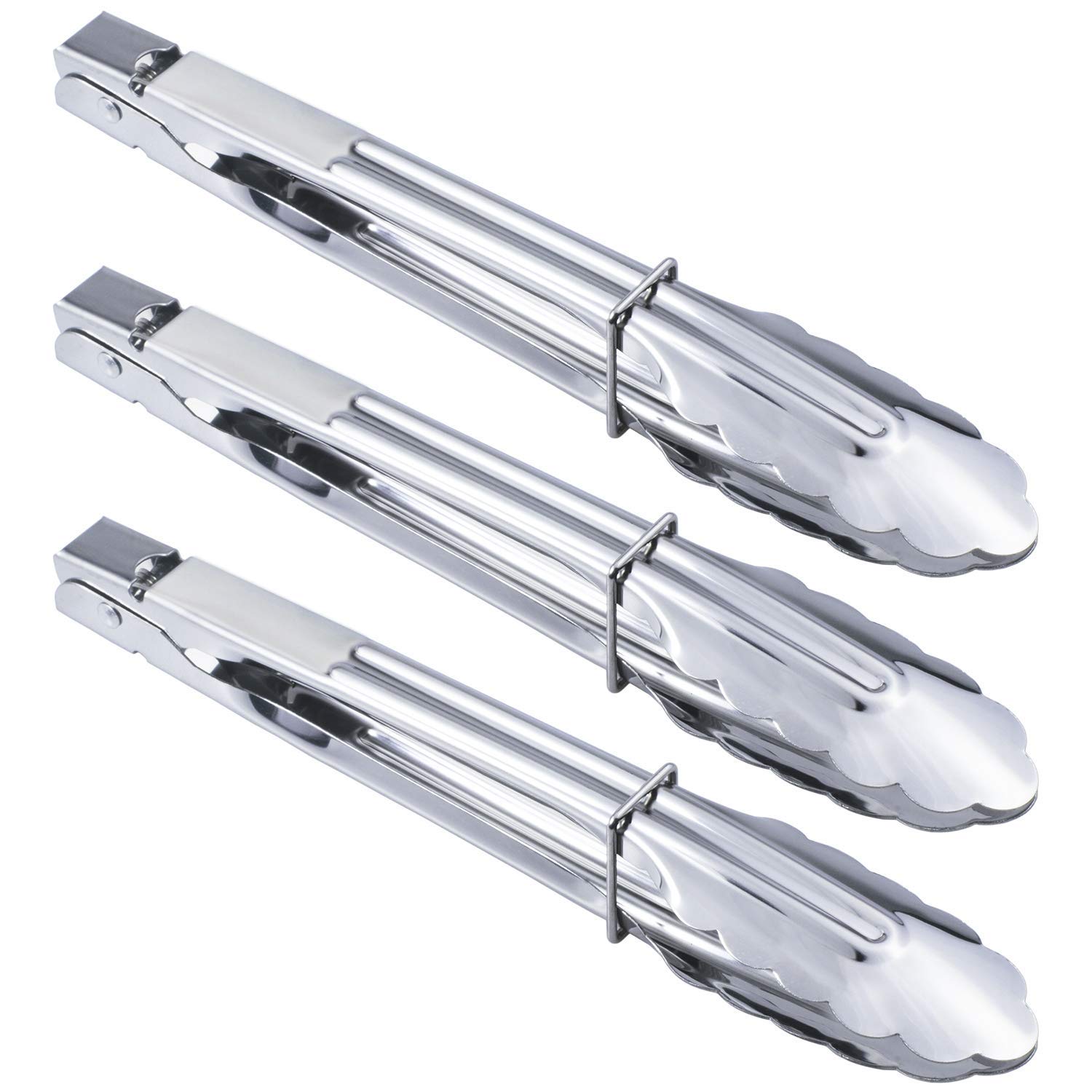 HINMAY Stainless Steel Serving Tongs - 9 Inch, 3 Pieces with Scalloped Gripping Edge