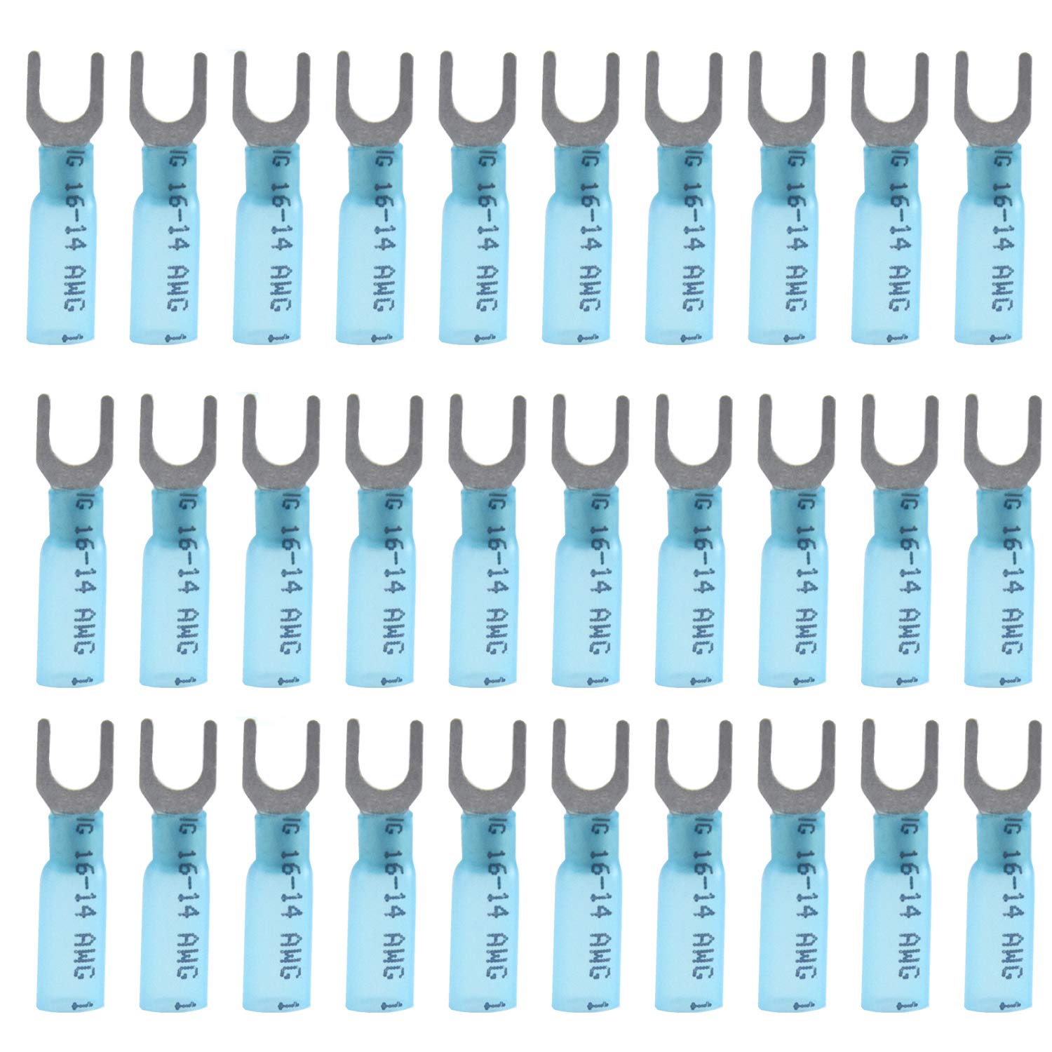 CEEYSEE 50PCS Heat Shrink Fork Connectors M5 Blue 16-14 AWG Insulated Electrical Wire Crimp Connectors Terminal（RFL)