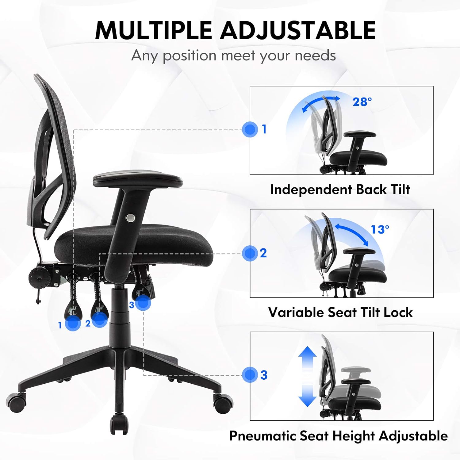 Ergonomic Mesh Office Chair, High Back Computer Desk Chair with 3 Functional Adjustors, Adjustable Back Support&Armrests, Swivel Executive Task Chair for Work, Gaming, Home, Thick Padded (Black): Kitchen & Dining