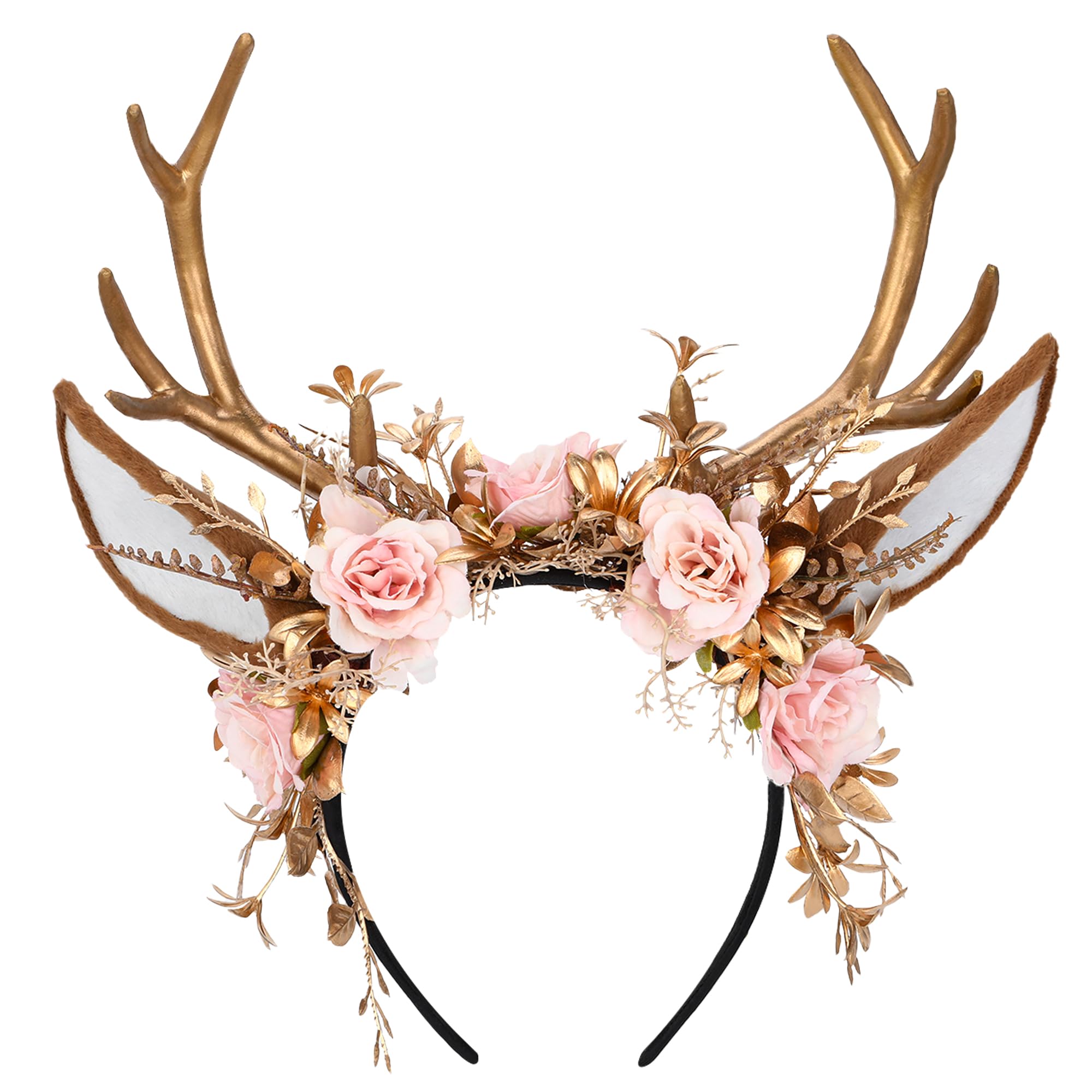 Photo 1 of MOSTORY Handmade Gold Flower Antler Headband - Woodland Floral Reindeer Headpiece with Deer Ears Forest Fairy Hairband for Women Girls Renaissance Halloween Cosplay Party Prom Photo Props Pink Rose