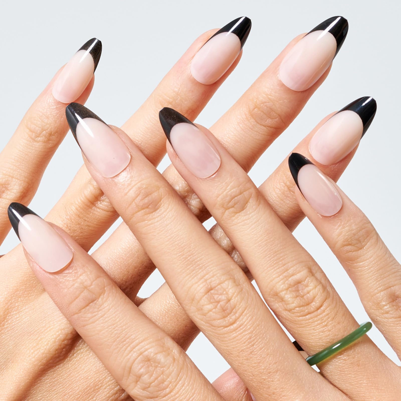 GLAMERMAID Press on Nails Medium Almond, Spring Summer Black French Tip Gel Glue on Nail, 24Pcs Glossy Short Stiletto Reusable UV Finish Fake Nails Acrylic False Nails Manicure Kits for Women - Image 6