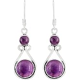 Round Shape Natural Gemstones Dangle Earrings for Women - 925 Sterling Silver Plated Dangle & Drop Handmade Jewelry Earrings - Gifts for Wedding, Anniversary, Christmas, Valentine's Day, New Year