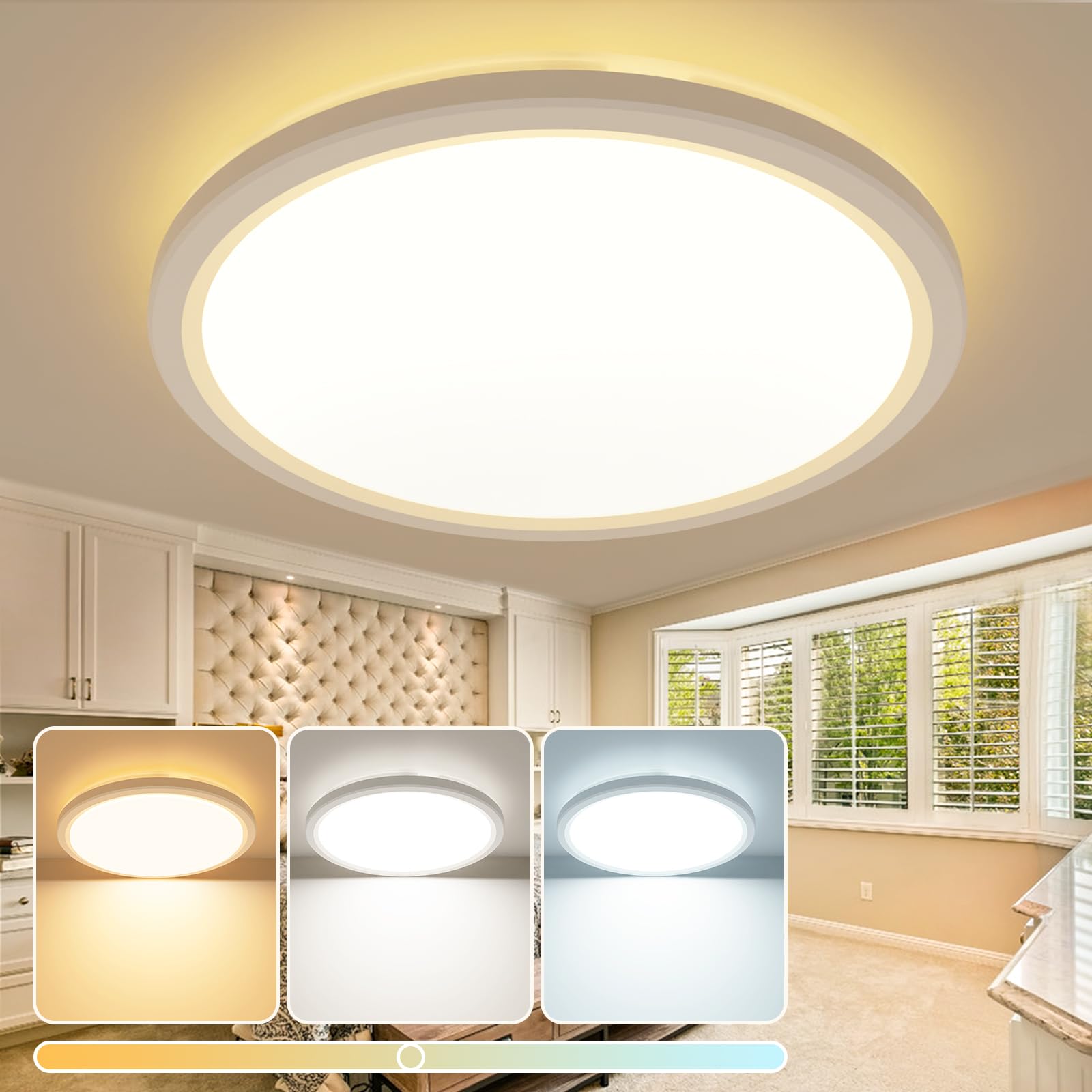 slochi LED Ceiling Lights,Ø29CM 24W 2400LM Round Bathroom Lights,3000K/4000K/6500K Flush Mount Ceiling Lamp for Kitchen,Living Room,Utility Room, White