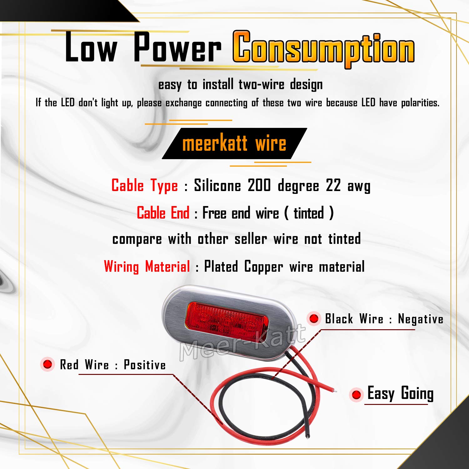Meerkatt (Pack of 10) 3 Inch Oblong Amber LED Marine Courtesy Light Sealed Flush Mount Clearance Lamp for Yacht Stair Deck Garden Boat RV Cabin Truck Waterproof 12V DC with Chrome Stainless Bezel UV12