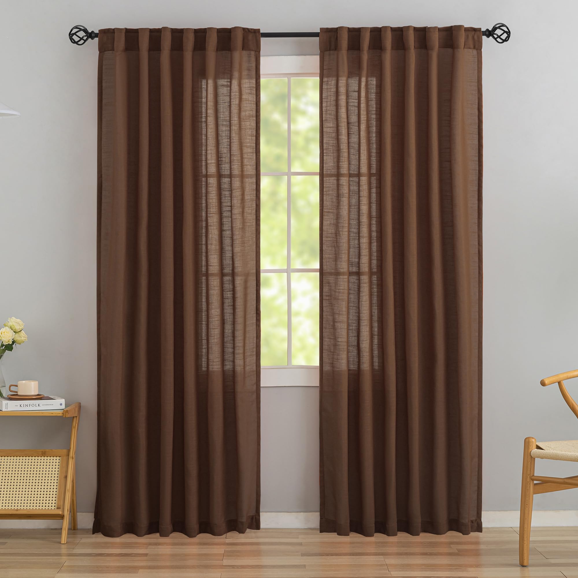 Photo 1 of Cocoa Brown Linen Back Tab Curtains - 90 Inch Long, 2 Panel Set for Dining Cottage - Soft, Light Weight, Airy, Semi Privacy Sheer Curtains With Hooks, Pocket, Light Filtering