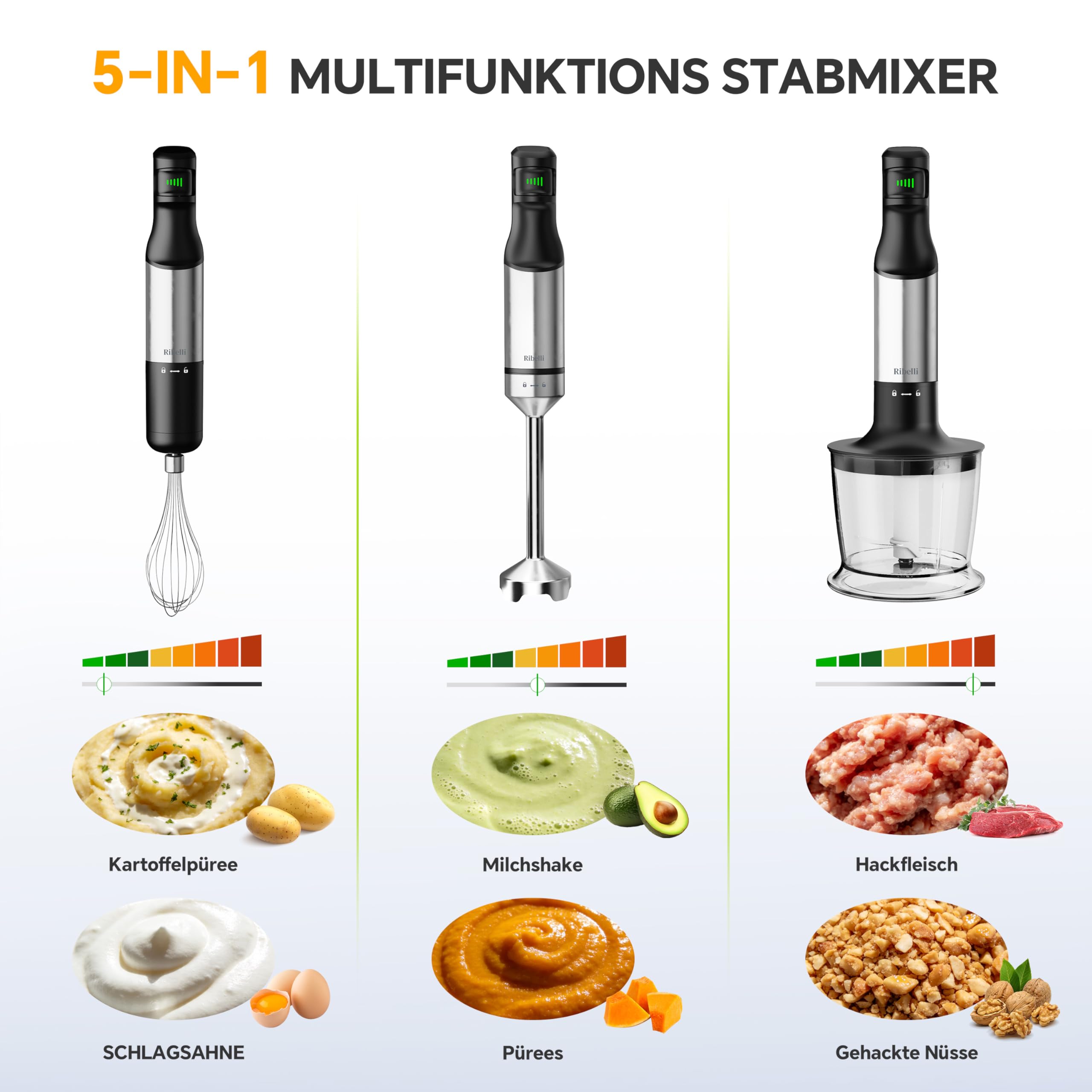 Ribelli Stabmixer Set 5-in-1 leistungsstark mit 1200W – Edelstahl Pürierstab stufenlos, Hand Blender & Mixer Küche inkl. Zerkleinerer, Schneebesen, Messbecher 700ml & Halterung für Suppe & Smoothie 5