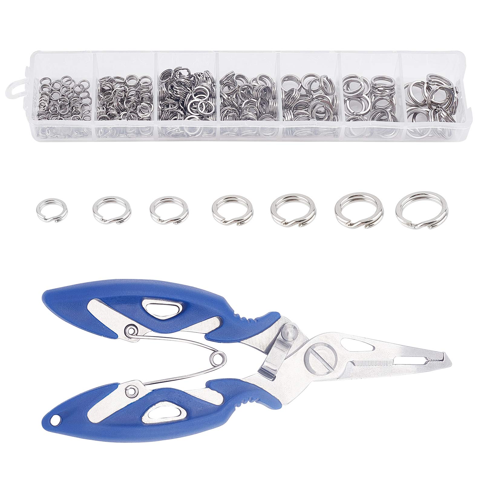SUPERFINDINGS 382pcs 7 Sizes Stainless Steel Fishing Split Rings Double Snap Loop Lure Connectors with Fishing Pliers for Saltwater Freshwater Fishing