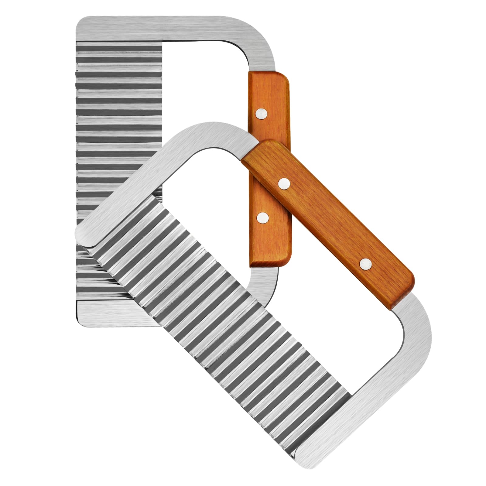 MOACC Crinkle Cutter Stainless Steel Potato Carrot Chip Vegetable Crinkle Wavy Chopper Cutter French Fry Slicer Wooden Handle Serrator Chopping Knife, Set of 2