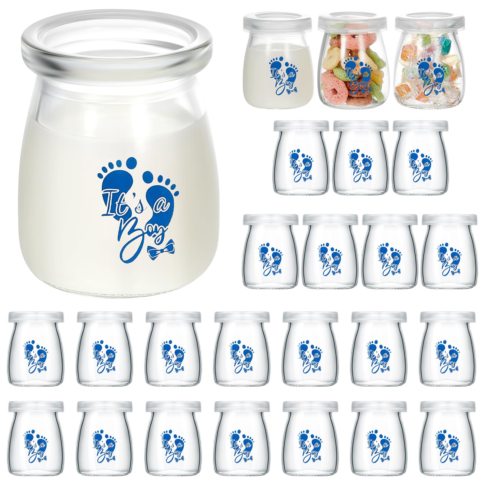 Photo 1 of **MISSING 3 JARS***Tanlade 24 Pcs It's a Boy or Girl Milk Glass Bottles 3.4 oz Mini Glass Jars Clear Yogurt Jars with Plastic Lids Baby Shower Party Favors Baby Shower Decorations Centerpieces(It's A Boy)