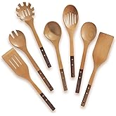 Wooden Spoons Set 7-Piece, Two-Tone Walnut & Beech Utensils, Elegant Non-Stick Kitchen Tools, Heat Resistant Cooking Gift Set with Pasta Spoon & Skimmer