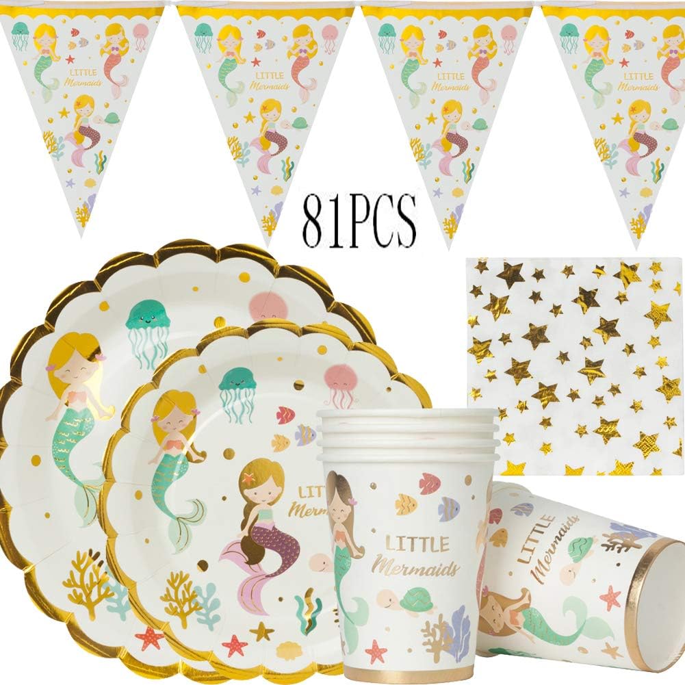 Mermaid Party Supplies for Kids 81 PCS Birthday Party Sets Pool Mermaid Party Decorations Mermaid Party Plates and Napkins Sets Serve 20 Guests