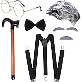 Yymobt 6 PCS Adult 100 Days of School Men Costume, 100 Days of School Man Costume for Halloween Grandpa Costume 1920s Old Man Dress Up Outfit Accessories