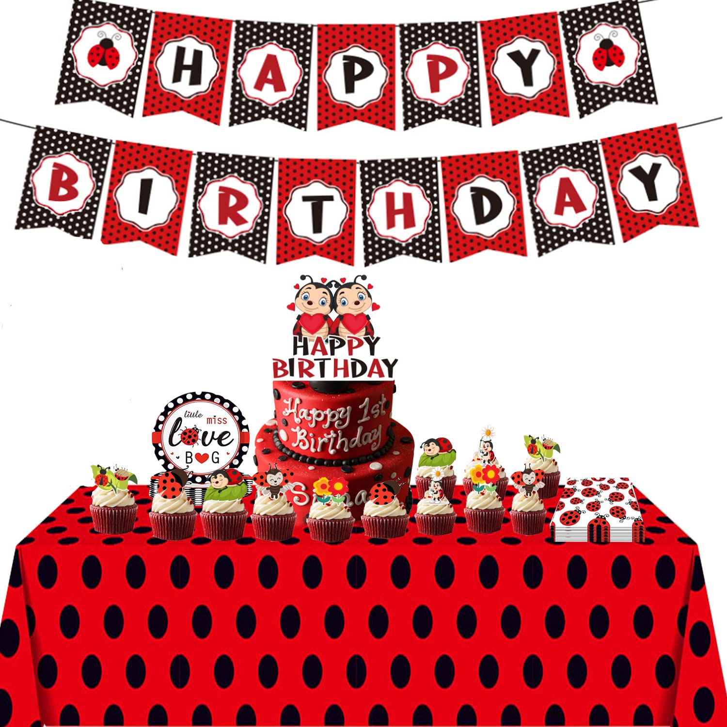 Ghberll Ladybug Party Supplies Girls Birthday Party Decoration Tableware Kit Included Banner Complete Party Supply Favor Pack Set for 8 Children Kids