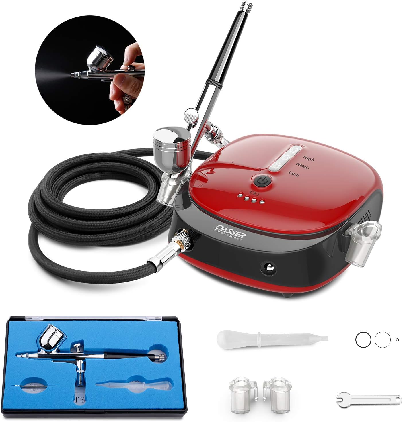 Oasser Dual Action Airbrush Compressor Kit with Rechargeable 1000mAh Lithium Battery, 0.3mm Nozzle 3 Mode Pressure Adjustment