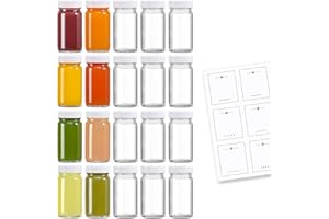 LANDNEOO 20 Pack 2 oz Glass Shot Bottles w/ White Lids & 20 Labels - Small Clear Jar for Ginger, Wellness Shot, Juice, Sample, Whiskey - Travel Essentials Mini Bottles - Wide Mouth, Leakproof, Dishwasher Safe