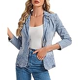 Ellunis Womens Denim Jackets Long Sleeve Lapel Button Slim Office Pocket Washed Business Jean Jacket