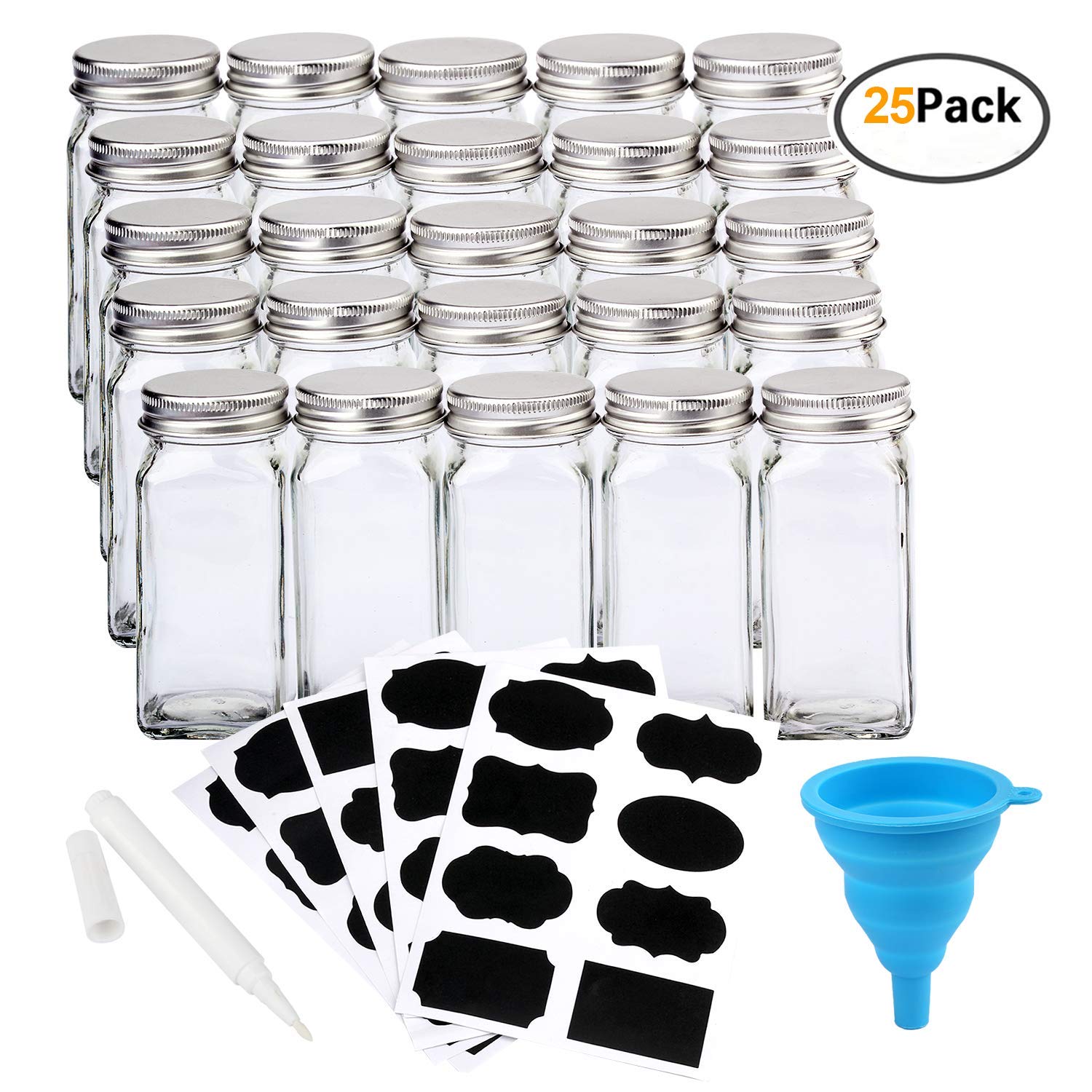 25 Condiment Pots Glass Spice Jars Square Containers W/ sliver Plastic