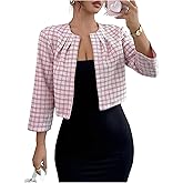 OYOANGLE Women's Plaid Tweed Blazer Open Front Long Sleeve Jacket Business Blazer Jacket