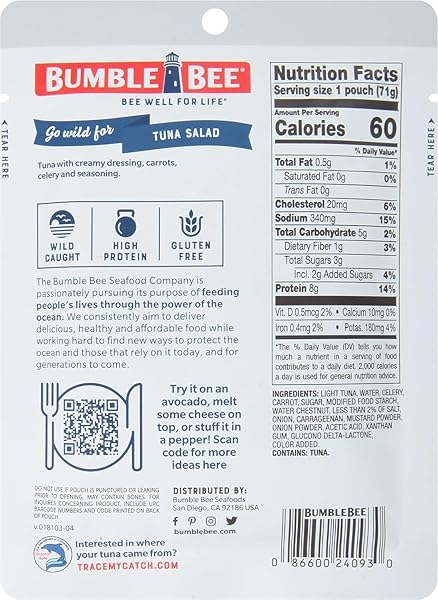 BUMBLE BEE SANDWICH IN SECONDS TUNA SALAD, 2.5 OZ POUCH – READY TO EAT – WILD CAUGHT TUNA PACKET – 8G PROTEIN PER SERVING – GLUTEN FREE