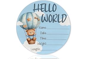 CLHHM Baby Announcement Sign, Blue Bear Hot Air Balloon Hello World Newborn Sign, Baby Shower Decorations, 6 Inch Wooden Nursery Decor Gift for Boys Girls, Birth Name Plaque