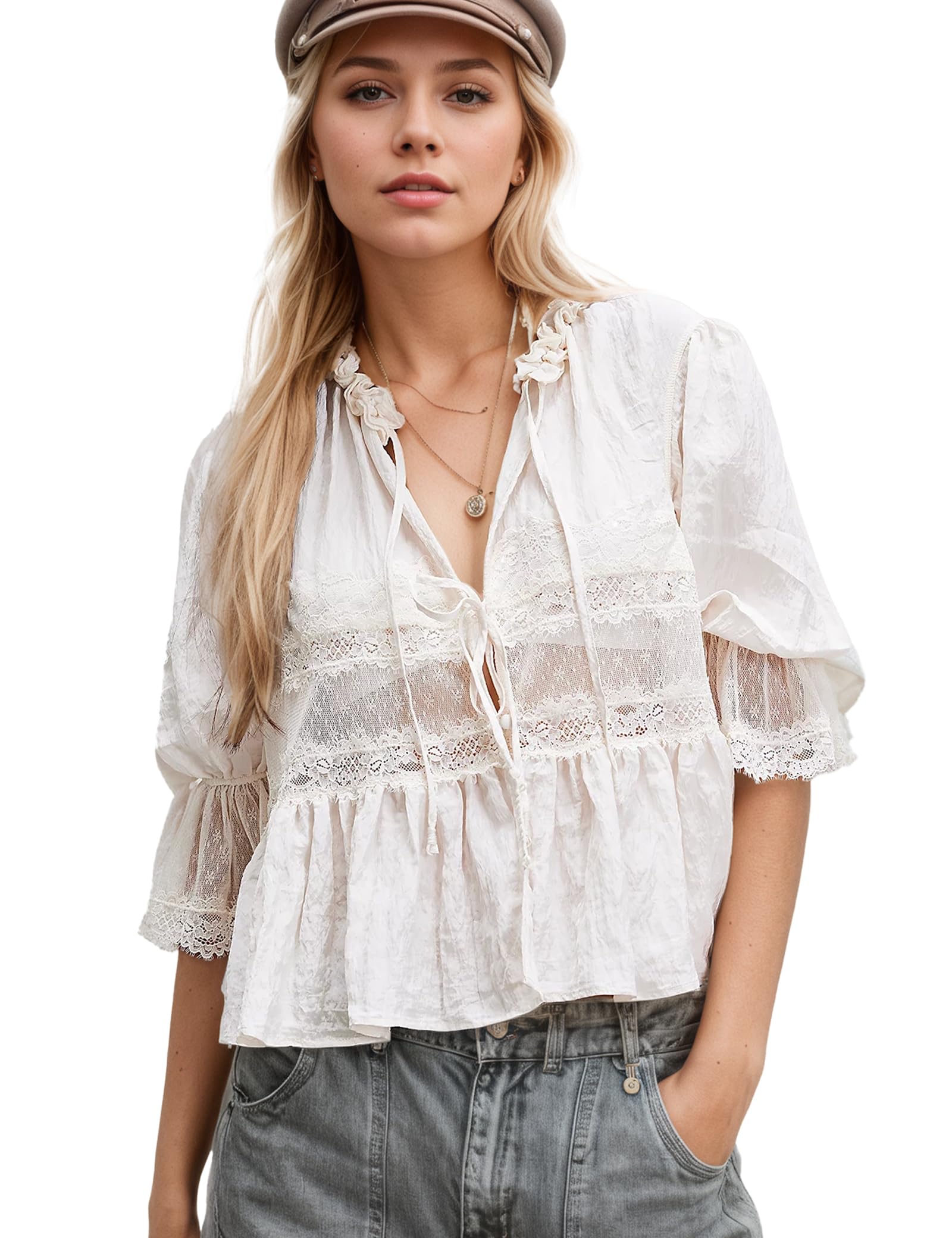 Photo 1 of People Free Dupes, People Free Top Tie Front Ruffle Boho Tops Lace Sheer Flowy Peasant Blouses Y2k Short Sleeve Lace Crop Shirt