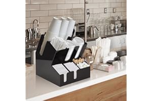 FORIY Coffee Condiment Organizer, Commercial Cup and Lid Holder, 10 Compartment Large Coffee Cup and Condiment Organizer,Breakroom Coffee Station Organizer for Coffee Milk Tea Shop Black