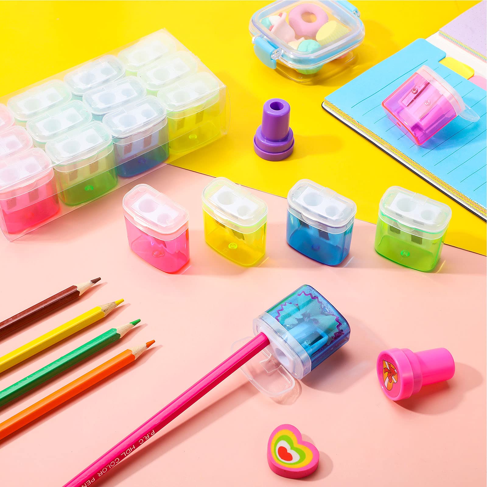 Tenare 48 Pieces Back to School Pencil Sharpeners Manual Double Hole Pencil Sharpener with Lid Hand for Home School Office, Handheld Plastic Crayon Grinder, Pink, Yellow, Green, Blue