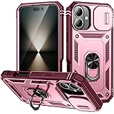WMYUHAN for Apple iPhone 16 Case Military Grade Drop Shock Protection Cell Phone Cover with Slide Camera Cover Built-in 360° Rotate Ring Stand for iPhone 16 6.1 -Pink Red