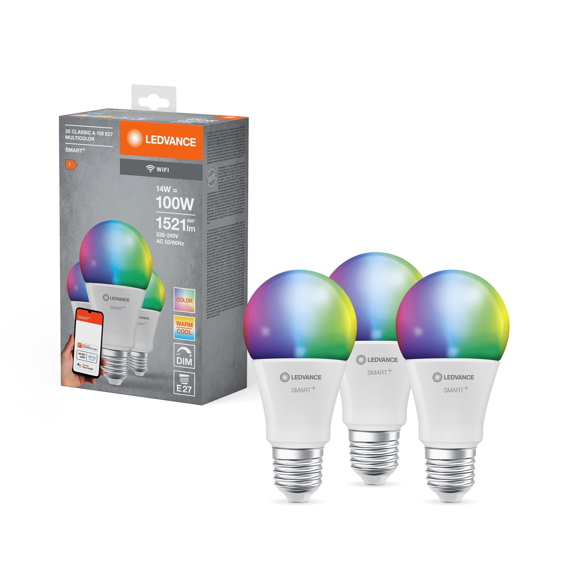 LEDVANCE Smart LED lamp with WiFi Technology, E27-base matt Optics ,RGBW Colours Changeable, Light Colour Changeable (2700K-6500K), 1521 Lumen, 100W-replacement, Smart dimmable, 3-Pack