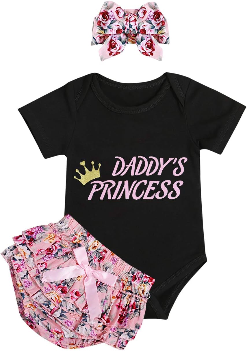 Infant Baby Girl Clothes Daddy's Girl Letter Print Romper Floral Bloomers with Headband 3PCs Toddler Outfits Set