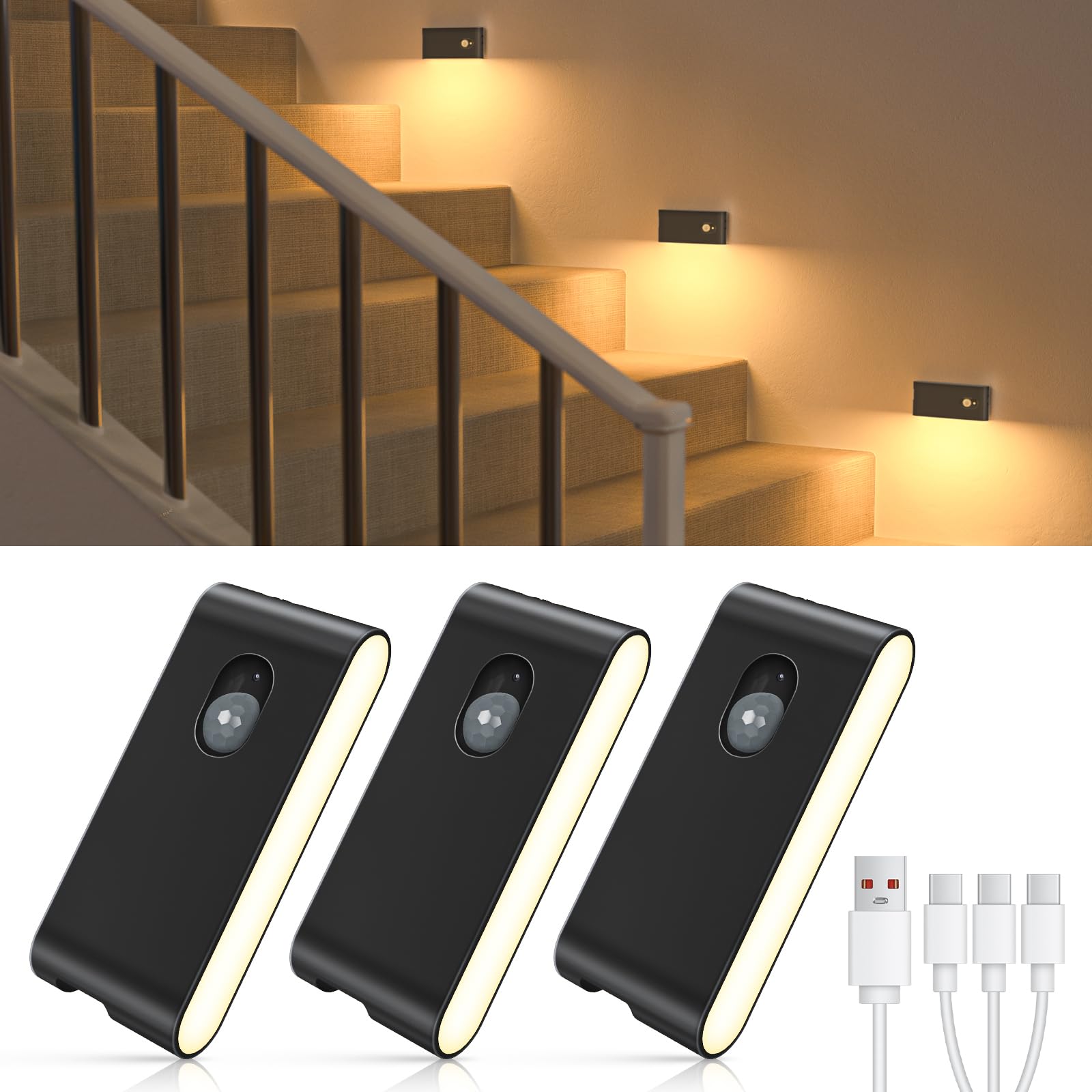 WILLED Black Stair Lights Motion Sensor, 3 Pack Rechargeable Motion Sensor Night Light, Stick On Night Lights with Removable, Closet, Kitchen, Stairs, Bedroom, Hallway, Toilet, Bathroom — image 1
