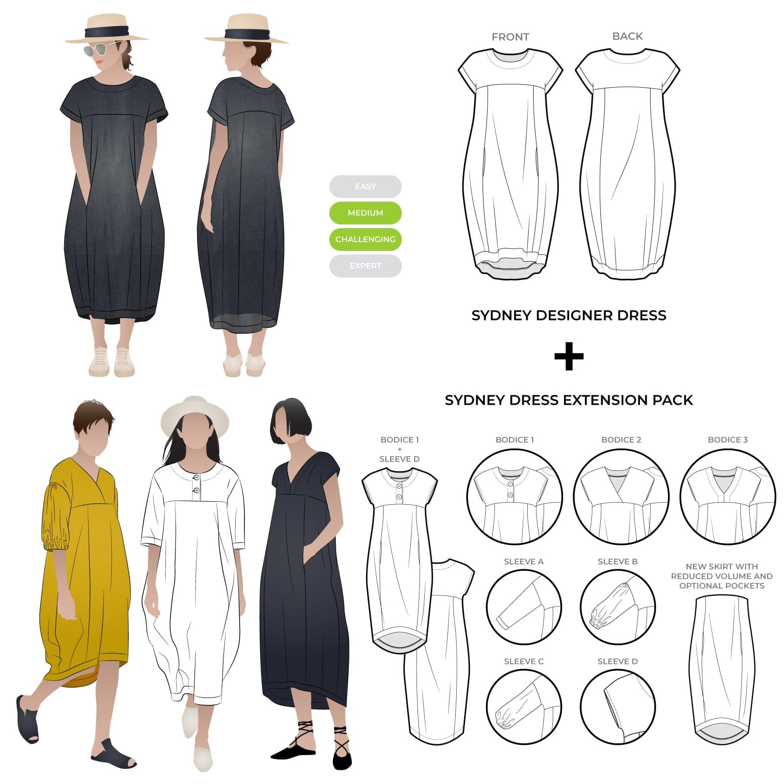 Style Arc Sewing Pattern - Sydney Designer Dress Plus Extension Pack Bundle (Sizes 04-16)