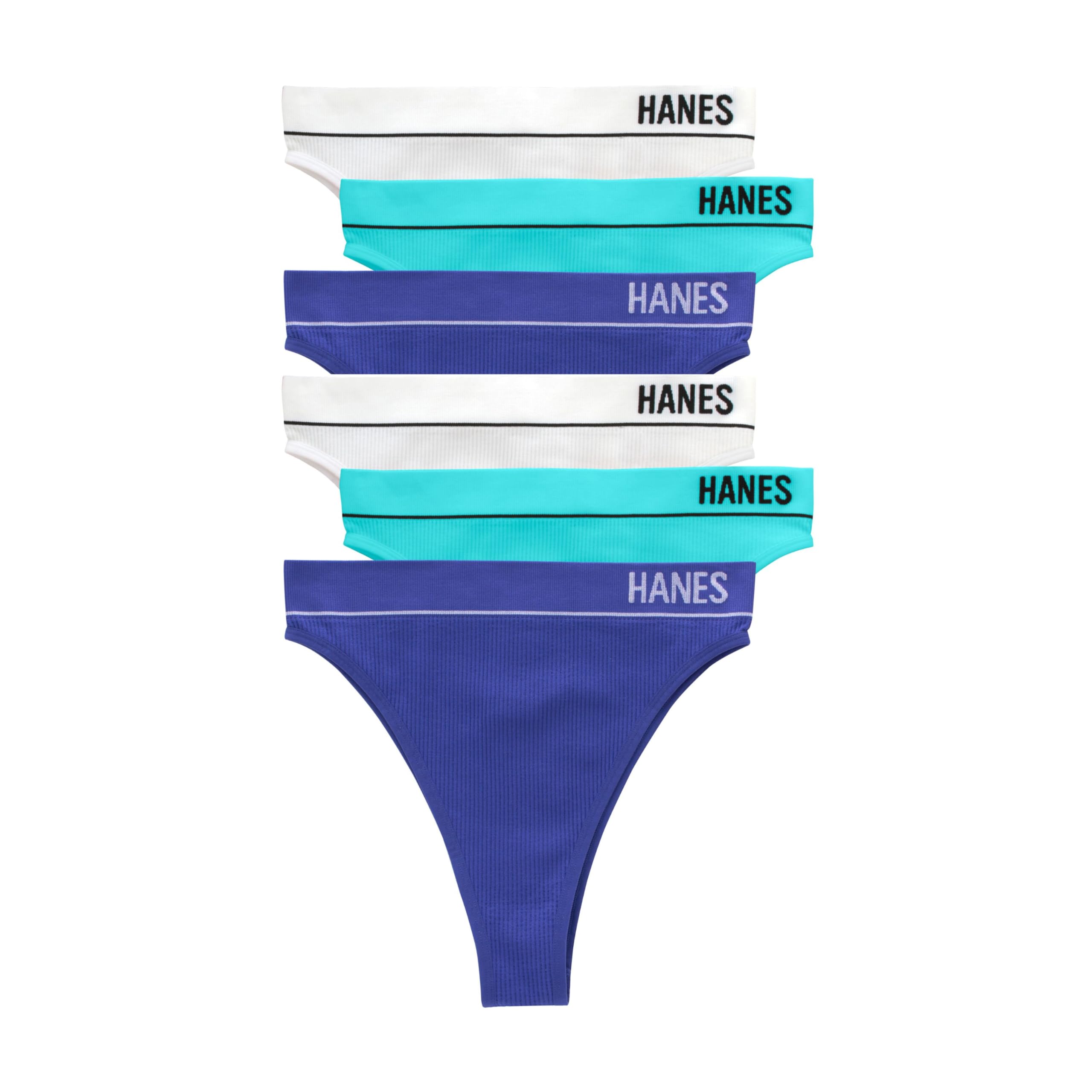 View 1 of Hanes Women's Originals Seamless Rib Hi-Rise Cheeky Panties Pack, Assorted Colors, 6-Pack, White/Teal Tone/Bright Violet Indigo