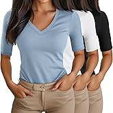 Ficerd 3 Pack Women's Half Sleeve V Neck T Shirts, Cotton Elbow Length Sleeve Shirt Slim Fit Tunic Top Casual Summer Tee(Black, White, Sky Blue,Small)