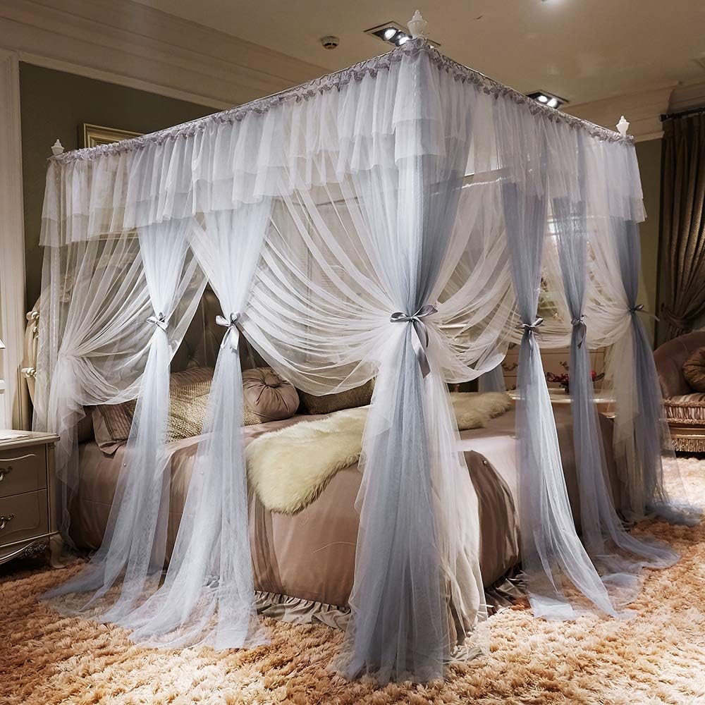 JQWUPUP Color Gradient Bed Canopy Curtains, Ruffle Princess 4 Corner Post Mosquito Net, Romantic Bed Canopy for Girls Kids Toddlers Crib, Bedding Décor (King Size, Grey)