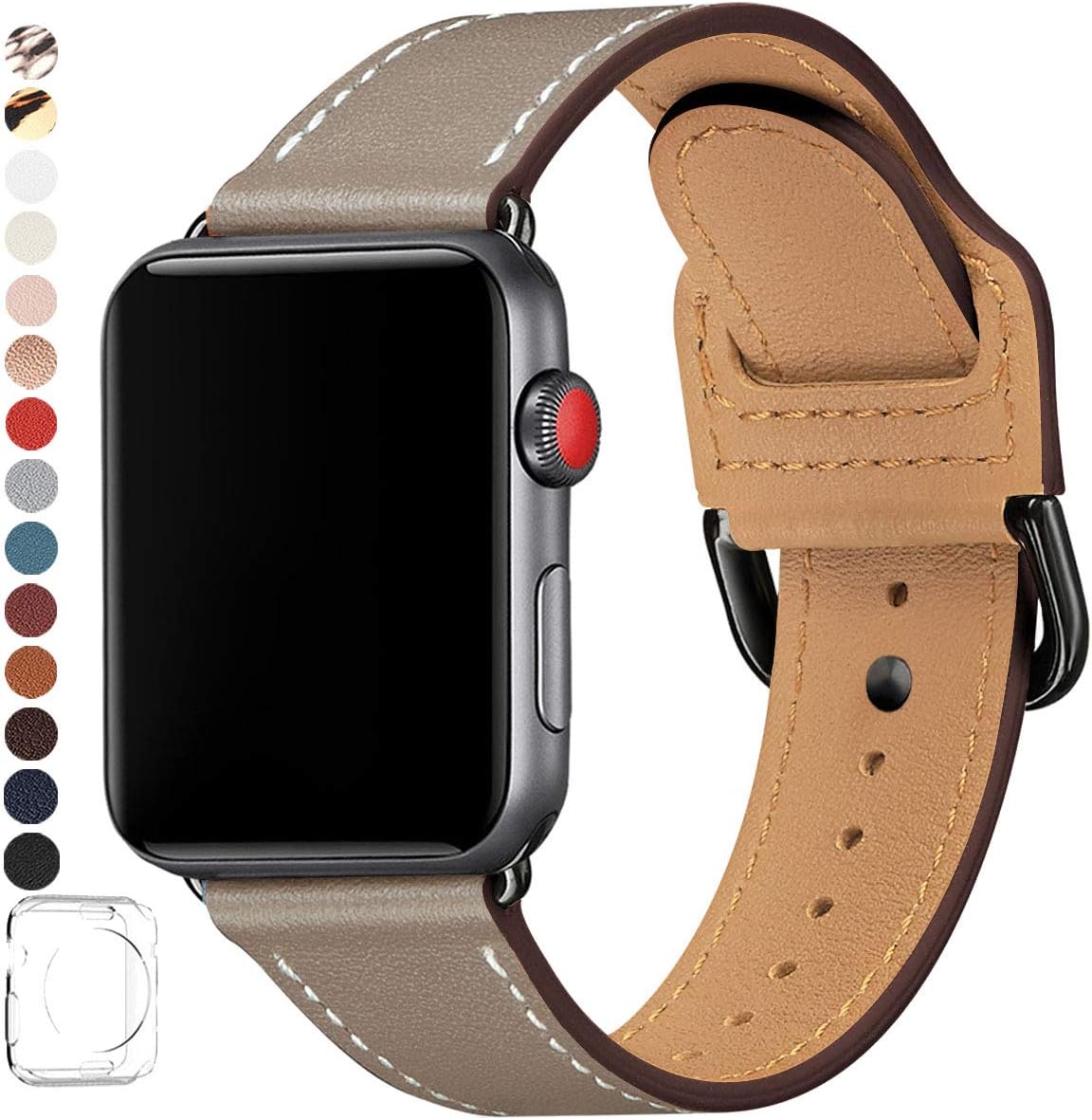 POWER PRIMACY Bands Compatible with Apple Watch Band 38mm 40mm 42mm 44mm, Top Grain Leather Smart Watch Strap Compatible for Men Women iWatch Series 5 4 3 2 1 (Taupe/Black, 42mm/44mm)