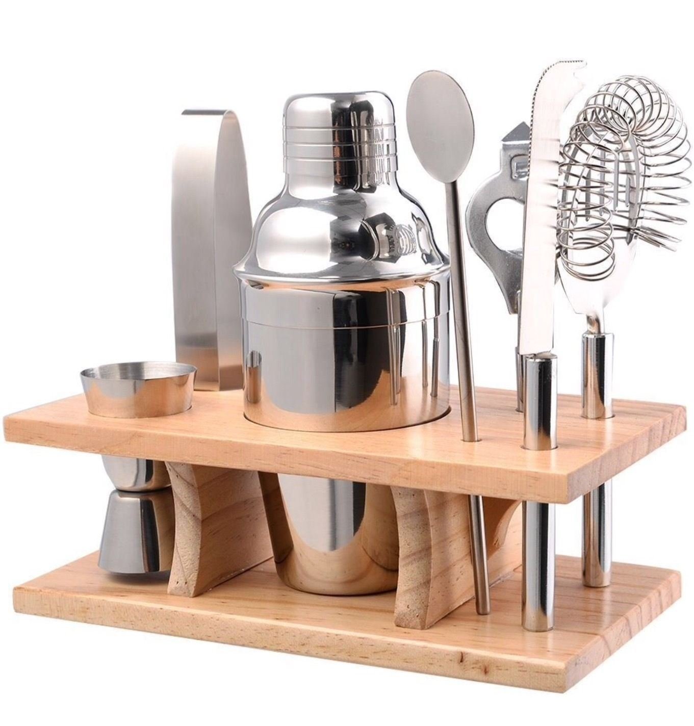 10 Piece Stainless Steel Bar Tool Set with Wooden Display Stand - Includes Cocktail Shaker Filter & Cap, Strainer, Fruit Knife, Ice Tongs, Beer & Wine Bottle Opener, Muddler, Dual Measure Jigger