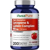 NusaPure Lycopene &amp; Lutein Complex, 60mg, 200 Veg Capsules - 200 Servings | Vegan Formulation, BioPerine, Suitable for Adults, Made in cGMP Registered Facility USA