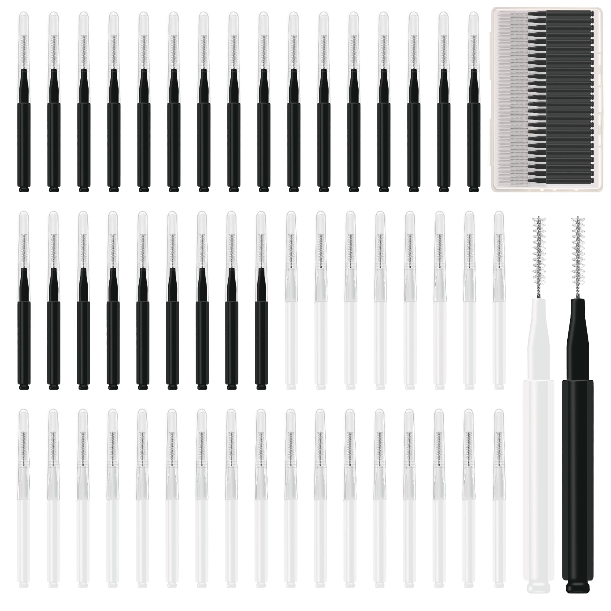 Photo 1 of 50pcs Brow Lamination Brush Micro Eyebrow Brush with Cap Micro Spoolies for Brow Lamination Portable Mini Spoolies for Eyebrows Extensions Tool, 2 Colors(25 Black+25 White)