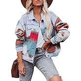 COWOKA Women's Vintage Aztec Print Pattern Loose Shacket Button Down Long Sleeve Woolen Jacket Shirts Coat