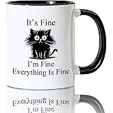 Foyoulame Black Cat Gifts Funny Coffee Mugs - Black Cat Mug, Funny Sarcastic Cats Coffee Teacup, Cat Lover Gifts for Women, I'm Fine Everything is Fine Ceramic CoffeeMug 11oz