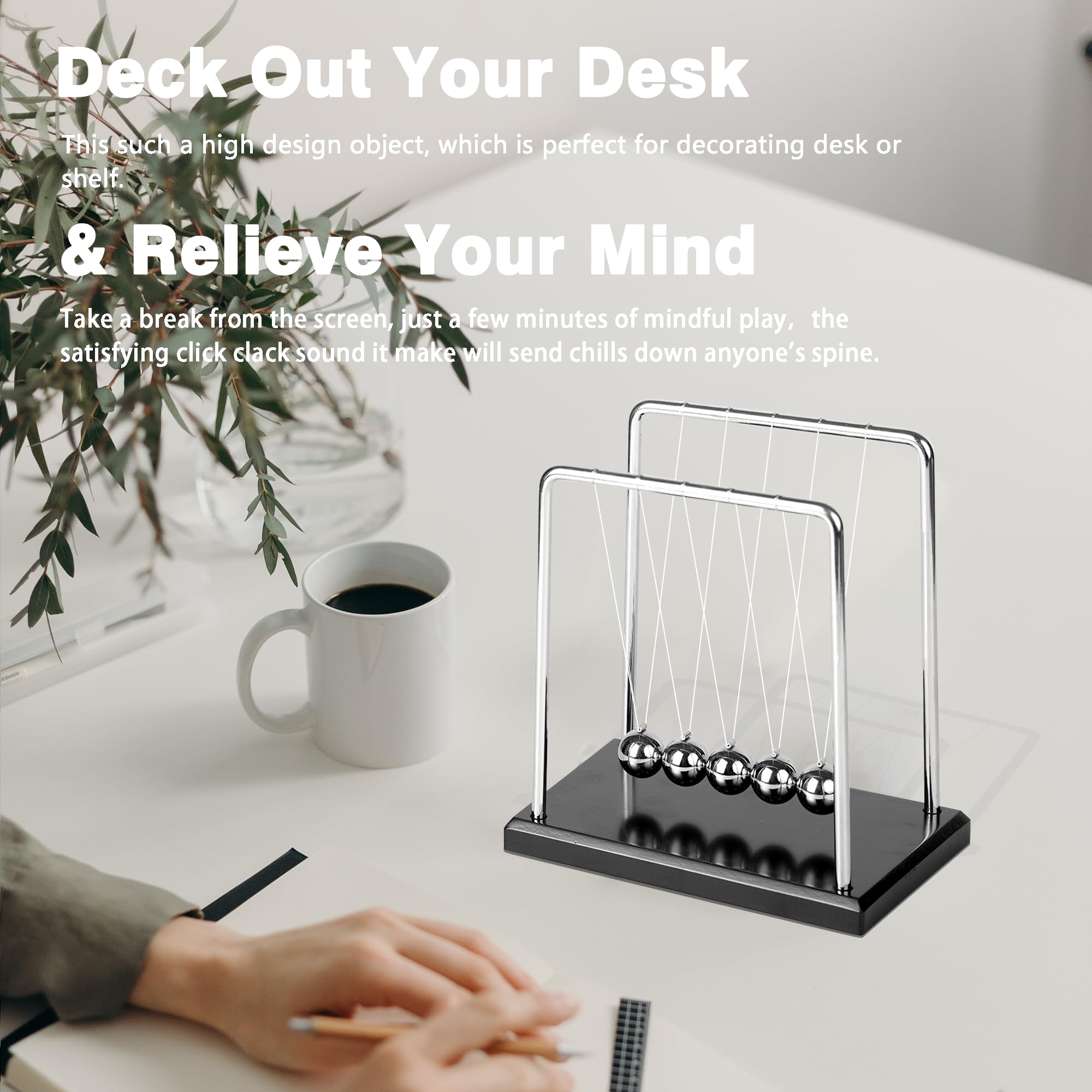 Newtons Cradle Balance Pendulum 5 Balls, Wooden Base Newton's Cradle, Desktop Toys Kinetic Toys for Kids Adults, Office Home Desk Décor, Fun Science Physics Learning