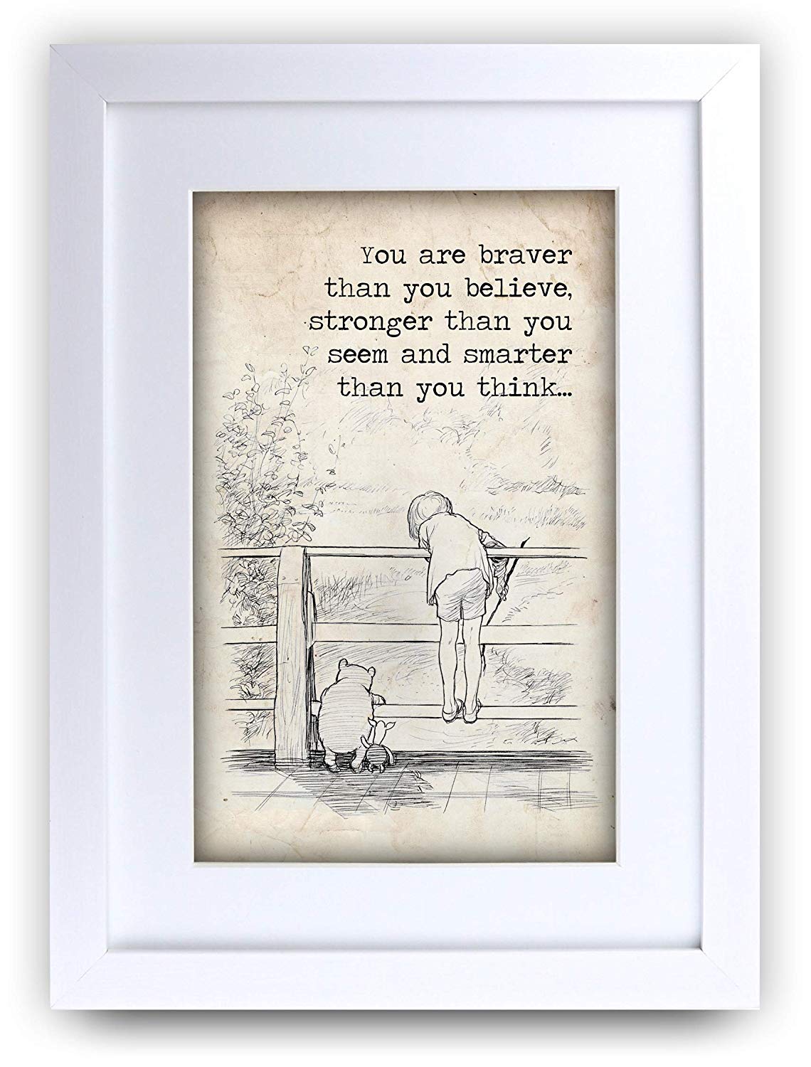 HWC Trading FR Winnie the Pooh Braver Stronger Smarter A4 Framed Printed Quote Nursery Print Baby Shower Room Gifts New Born Bedroom Gift Print Photo Picture Frame Display