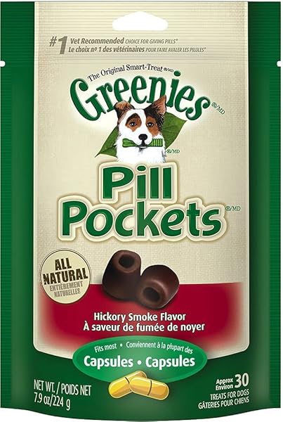GREENIES PILL POCKETS FOR DOGS LARGE SIZE, DOG TREAT POUCH FOR CAPSULE MEDICATION, HICKORY SMOKE FLAVOR, 7.9 OZ. POUCH