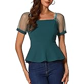 Allegra K Women's Square Neck 2026 Elegant Puff Sleeve Peplum Tops