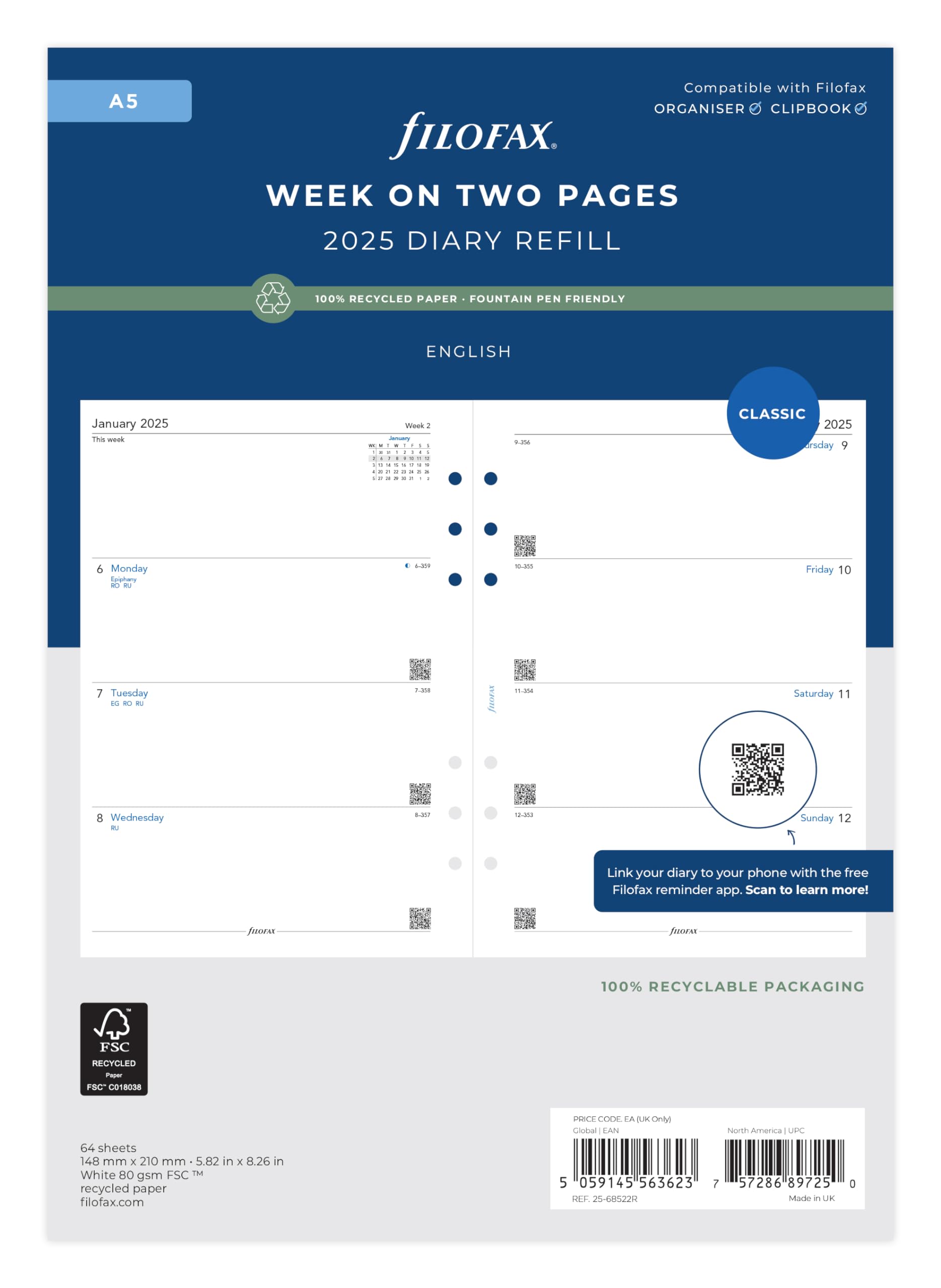 A5 Week on two pages English recycled paper 2025